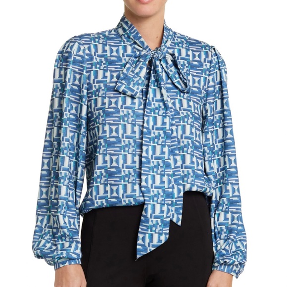 Toccin - Printed Lantern Tie Neck Blouse - Picture 1 of 4